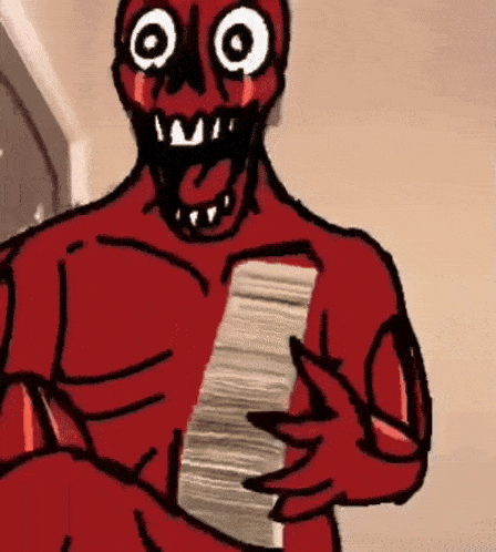 a drawing of a red monster holding a stack of cards .