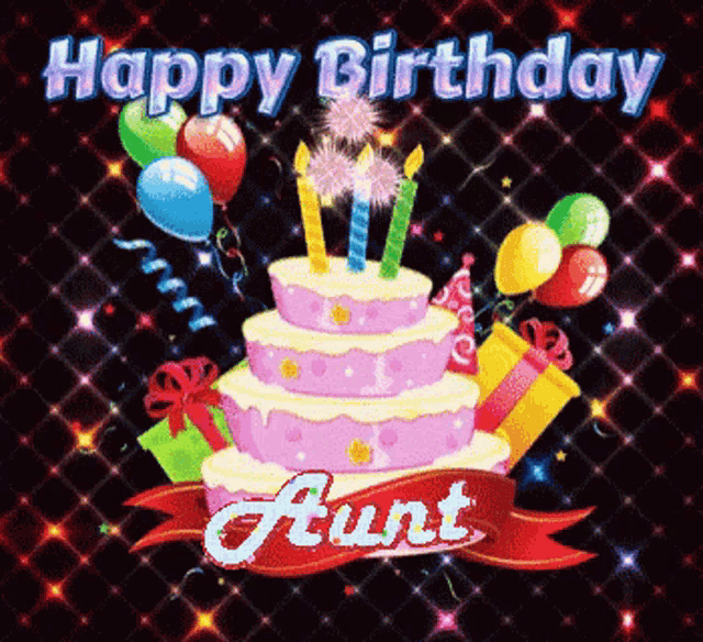 a birthday card for aunt with a cake balloons and presents