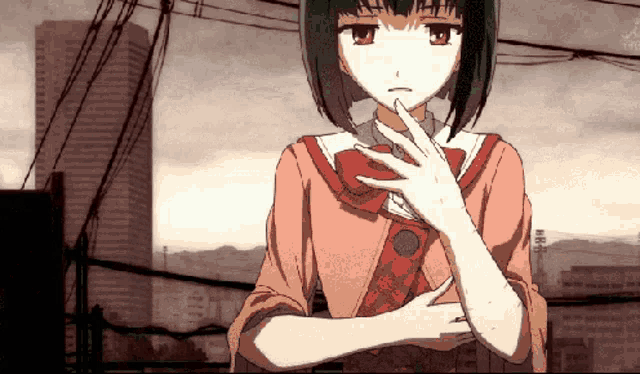 a girl with short hair is standing in front of a city skyline with her hand on her chin