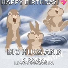 a happy birthday greeting card with three bunny rabbits