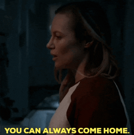 a woman with her eyes closed and the words you can always come home