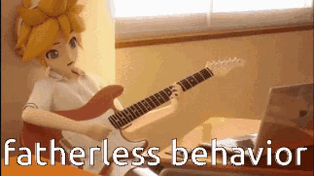 a cartoon character is playing a guitar in front of a laptop with the words fatherless behavior above him