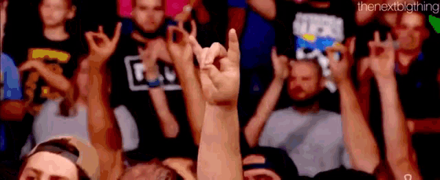 a crowd of people are raising their hands in the air