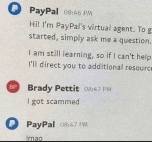 a paypal message between brady pettit and bp at 8:47 pm