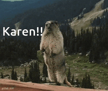 a ground squirrel standing on its hind legs with the words karen written above it