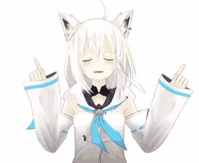 a girl with white hair and blue eyes is pointing upwards
