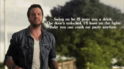 a man in a denim jacket is standing in front of a quote that says swing on by ill pour you a drink