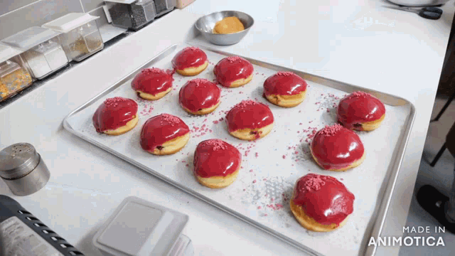 a bunch of donuts on a tray that says made in animotica on the bottom