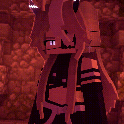 a cartoon character with horns and a glowing eye is standing in a dark room