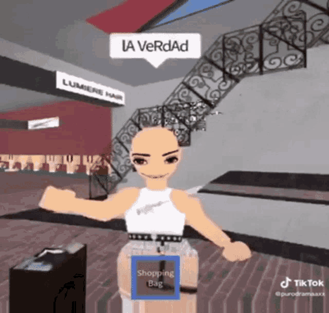 a cartoon girl is standing in a shopping mall with a shopping bag in her hand .