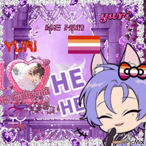 a picture of a girl with a cat ear and the words he him yuri and my girlfriend