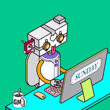 a cartoon of a robot sitting at a desk with a computer that says sunday on it