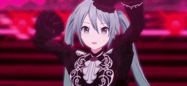 a girl with long hair and blue eyes is wearing a top hat and a black dress .