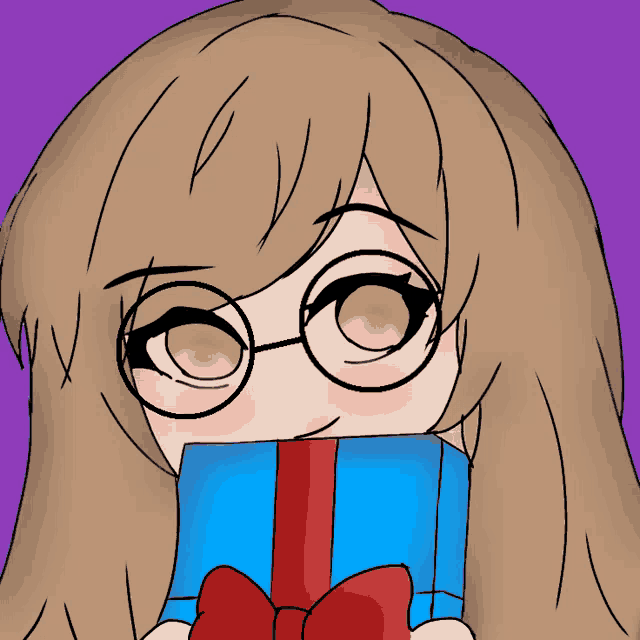 a girl wearing glasses is holding a blue box with a red bow