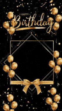 a birthday card with gold balloons and a picture of a woman
