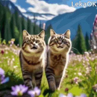 two cats are walking in a field of flowers with the word lekaok on the bottom right