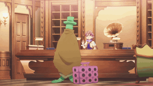 a cartoon character is standing in front of a counter with a purple suitcase on it