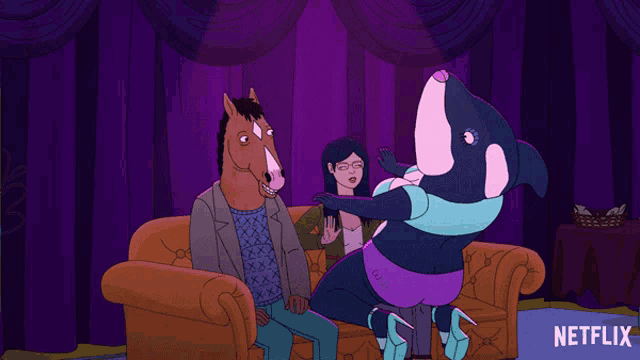 a cartoon of a horse a dolphin and a woman with a netflix logo in the corner