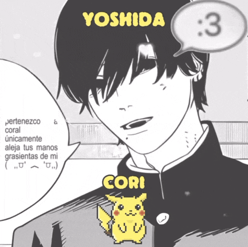 a black and white drawing of a boy with the name yoshida on top