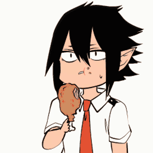 a cartoon of a boy holding a piece of chicken