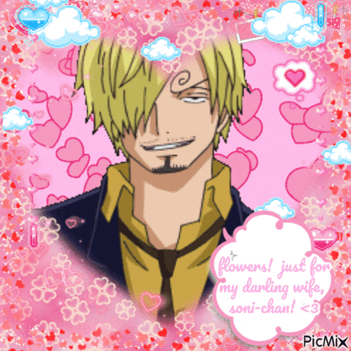 a picture of a man with a speech bubble that says flowers just for my darling wife soni-chan