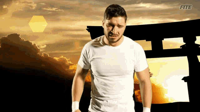 a man in a white shirt is standing in front of a sunset with the word fite on the bottom left