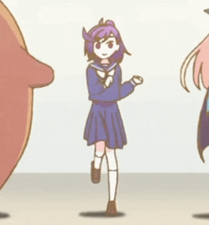 a cartoon girl with purple hair is standing on one leg in front of a mascot .