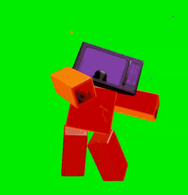 a red robot is holding a microwave oven in his hands on a green background .