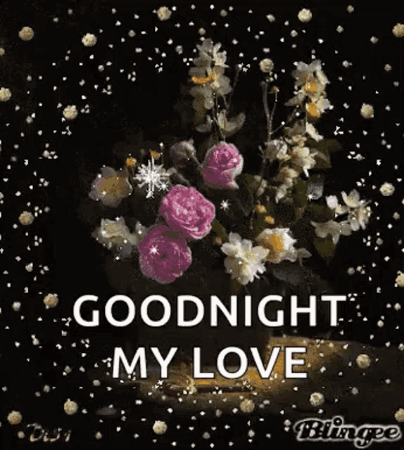 a bouquet of pink and white flowers with the words `` goodnight my love '' written on it .