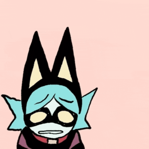 a cartoon character with blue hair and a red collar