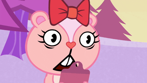 a pink cartoon bear with a red bow on its head