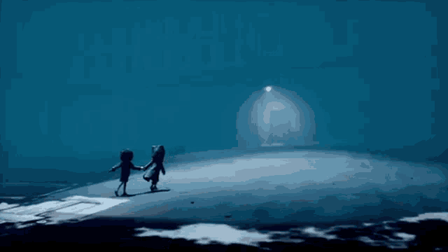 two cartoon characters are walking in the dark holding hands .