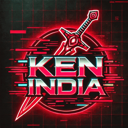 a neon sign for ken india with a sword