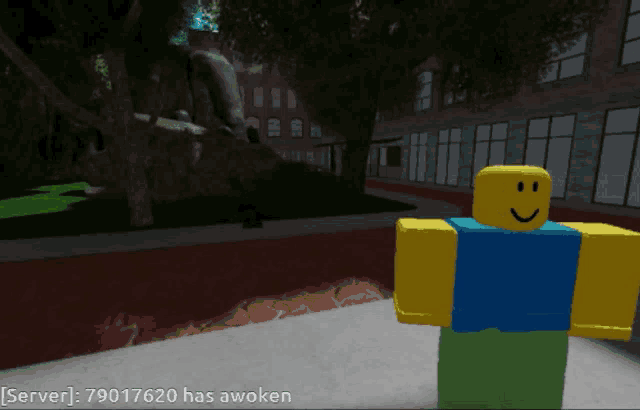 a roblox character standing in front of a building with a statue in the background