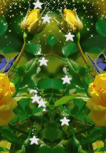 a painting of yellow roses and blue butterflies with white stars