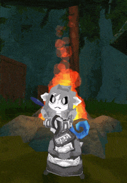 a cartoon character is standing in front of a fire with smoke coming out