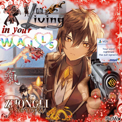 a picture of a man holding a gun with the words " i am living in your walls " in the background