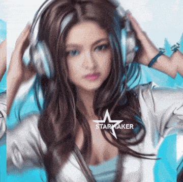 a woman wearing headphones with a star maker logo on the bottom