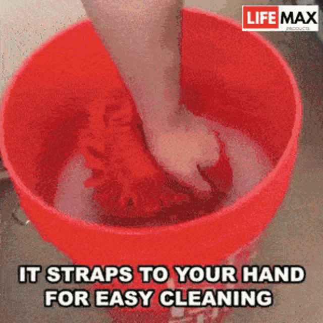 a red bucket that says life max products on it