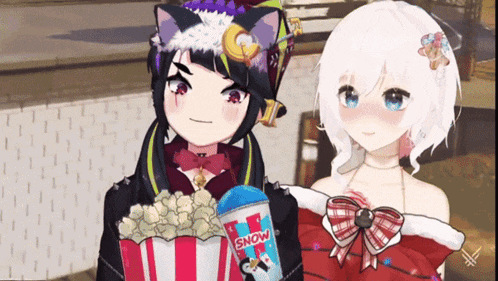two anime girls are standing next to each other one is holding a snow cone