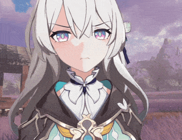 a girl with long white hair and pink eyes looks angry