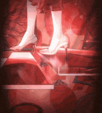 a painting of a woman 's legs in high heels on a red background