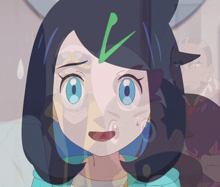 a girl with blue hair has a green check mark on her head