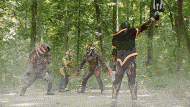 a group of superheros are standing in the woods and one of them has a sword with the number 12 on it