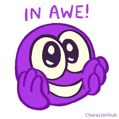 a purple smiley face with the words in awe on it