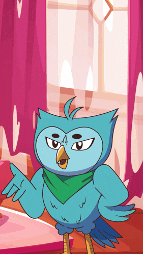 a blue owl with a green scarf around its neck is standing in front of a window