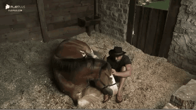 a man in a cowboy hat sits next to a horse that is laying on the ground