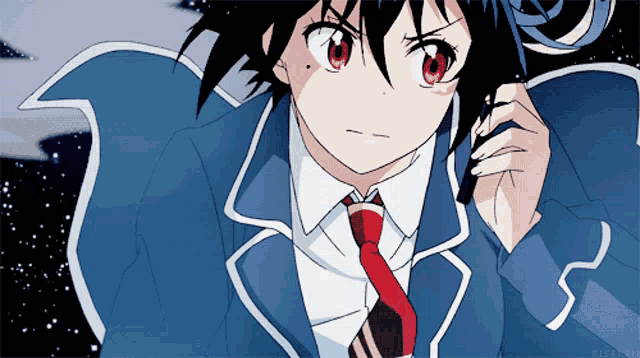 a girl with red eyes is wearing a blue suit