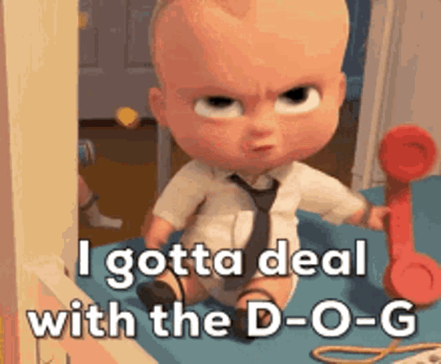 a baby from the boss baby is sitting on a bed holding a red telephone .