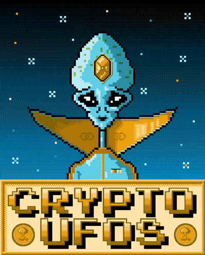 a pixel art of an alien with the words crypto ufos on it